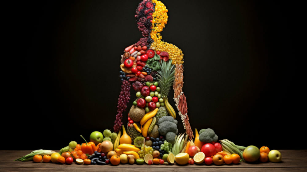 Representação humana com frutas e vegetais para destacar a importância da alimentação natural